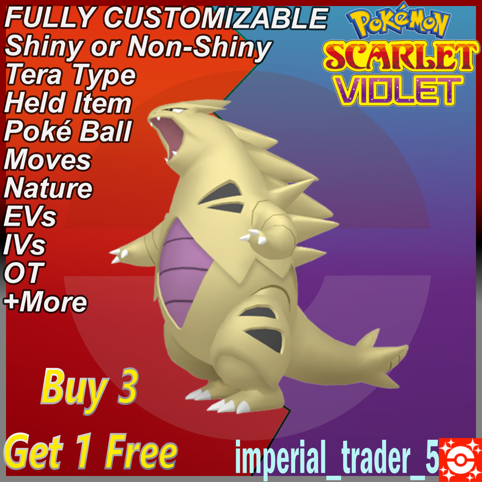 Pokémon Scarlet and Violet ✨ Shiny Tyranitar ✨ W/ Best 6IV Customizable