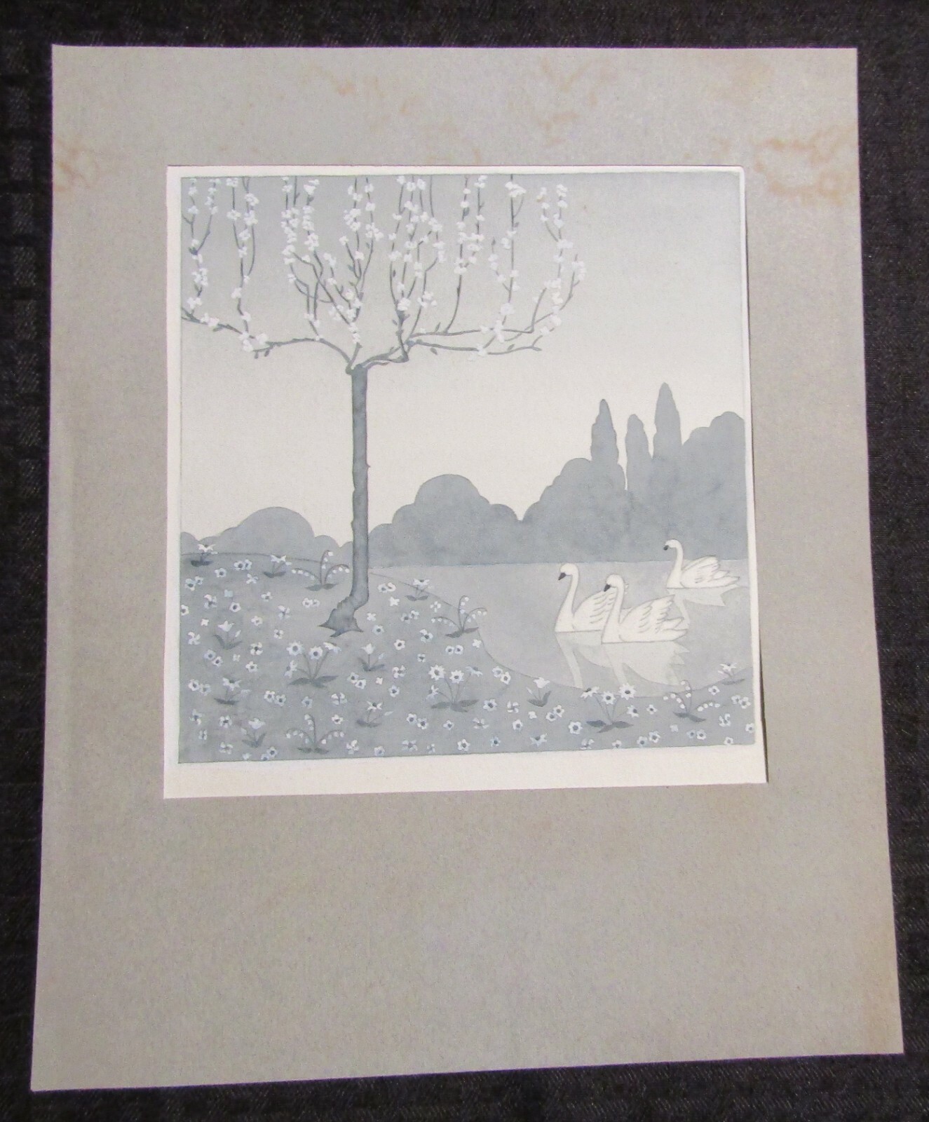 WHITE FLOWERING TREE with Three Swans on Lake 9.5x12" Greeting Card Art #nn