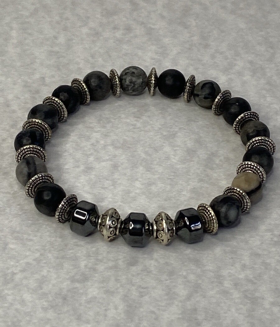 Hematite matte agate silver beaded bracelet unisex