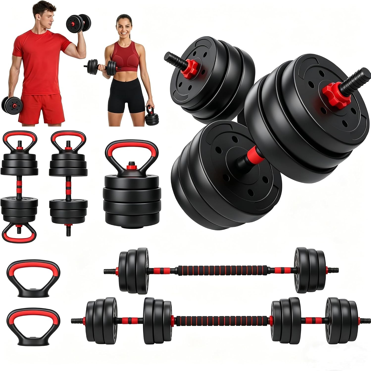 Adjustable 45lbs 5-in-1 Dumbbell Set for Home Gym Barbell Kettlebell Push Stand
