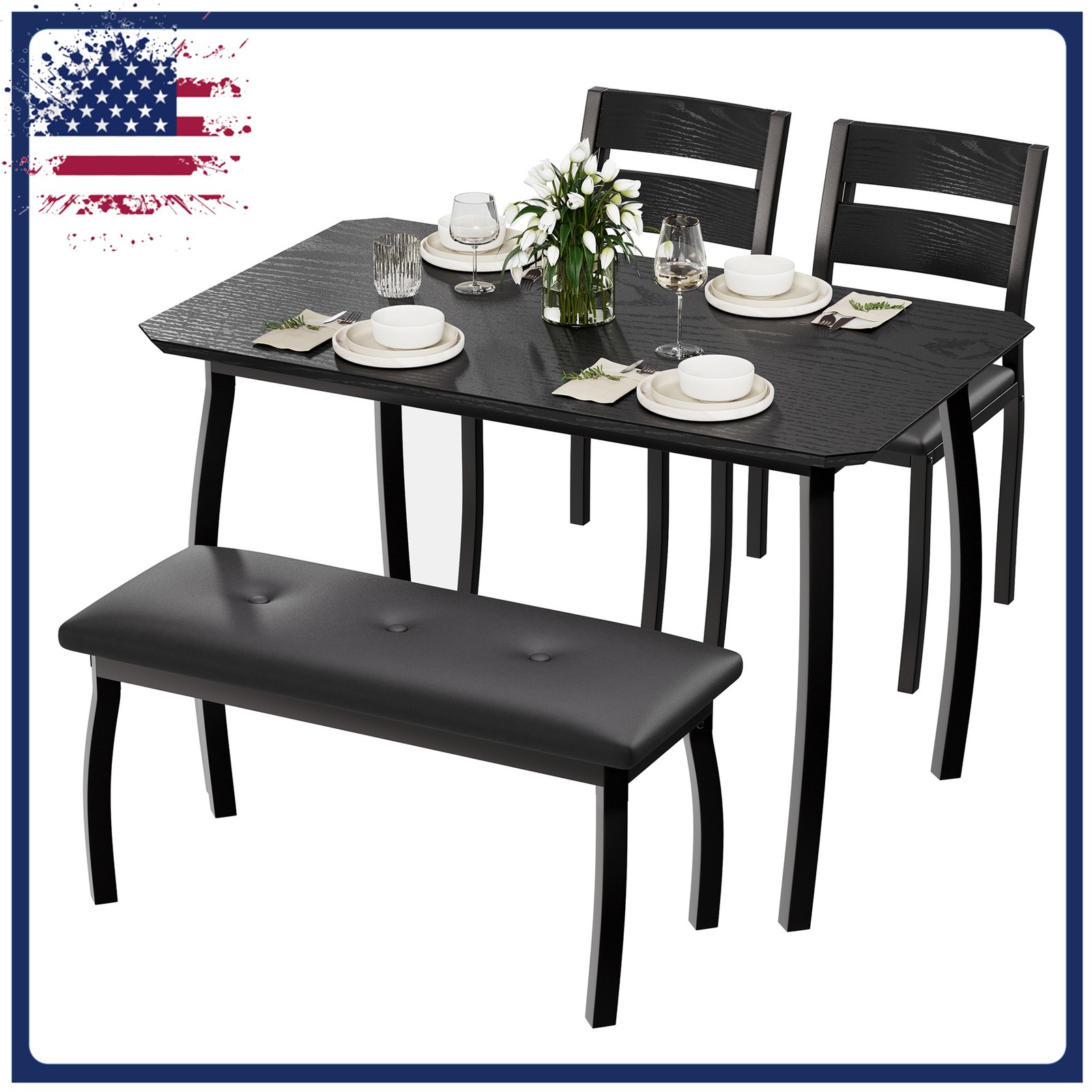 4 Piece Dining Table Set, Kitchen Table And Bench, PU Leather Upholstered Chairs