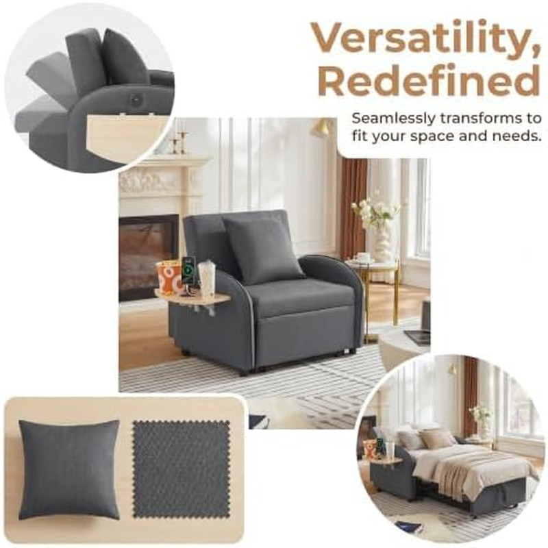 Sleeper Chair with Pull Out Bed, 5 in 1 Single Sofa Bed, Gray | Adjustable Backr