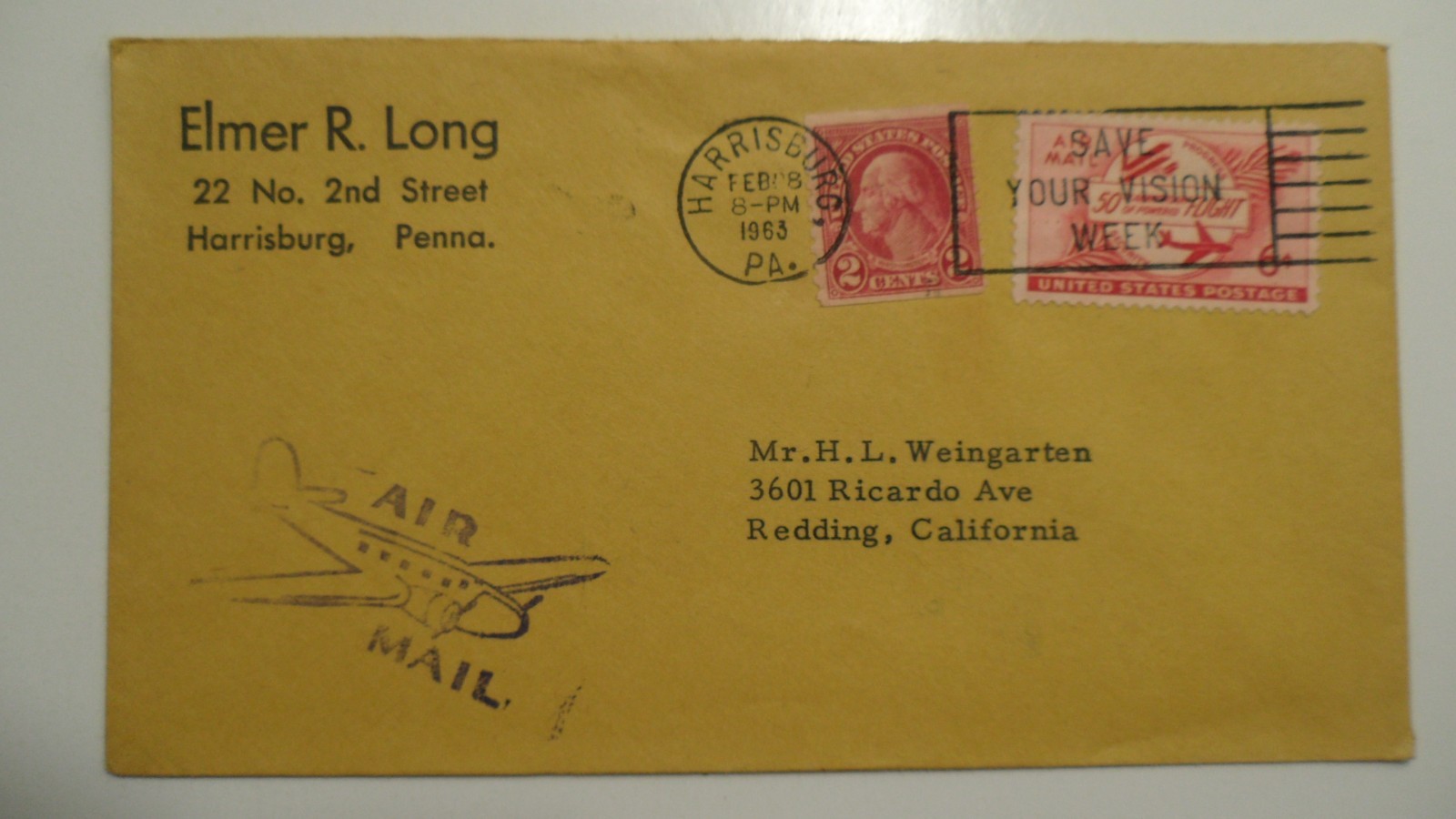 STAMPMART : USA 1963 HARRISBURG PENNSYLVANIA POSTMARK COVER USED TO CALIFORNIA