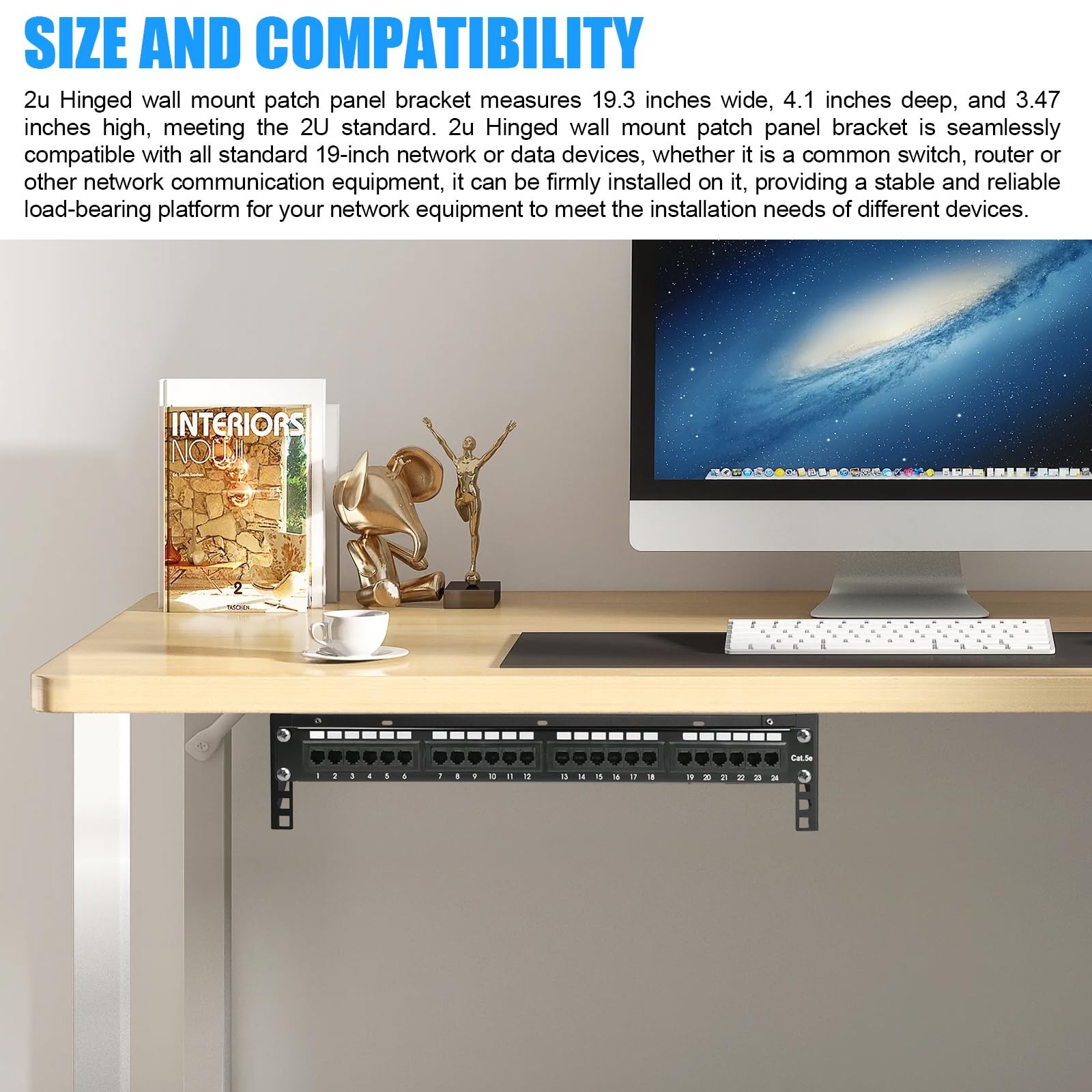 2U Hinged Wall Mount Patch Panel Bracket Vertical Rack for 19-inch Equipment
