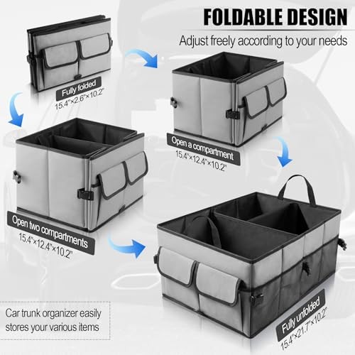 UYYE Auto Collapsible Trunk Organizer, 3 Large Compartments and 6 Pockets Grey