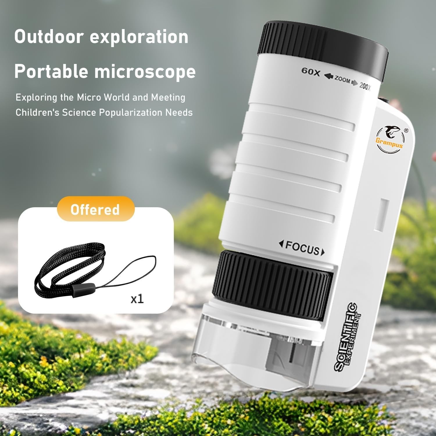 Grampus 60x-200x LED Pocket Microscope Portable Handheld STEM Toy for Kids Adult