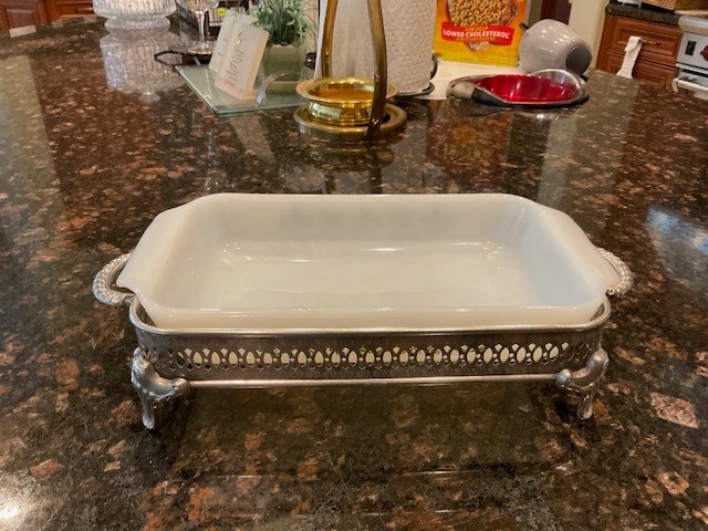 VTGSilverplate Pierced Footed Vtg Casserole Holder Stand w/Anchor Hocking Insert