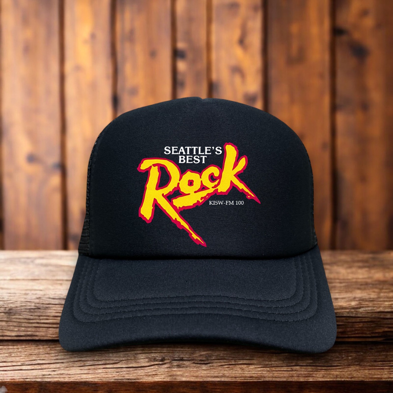 Seattle's Best Rock KISW FM 100 Mens Trucker Hat Black 70s Radio Station Logo