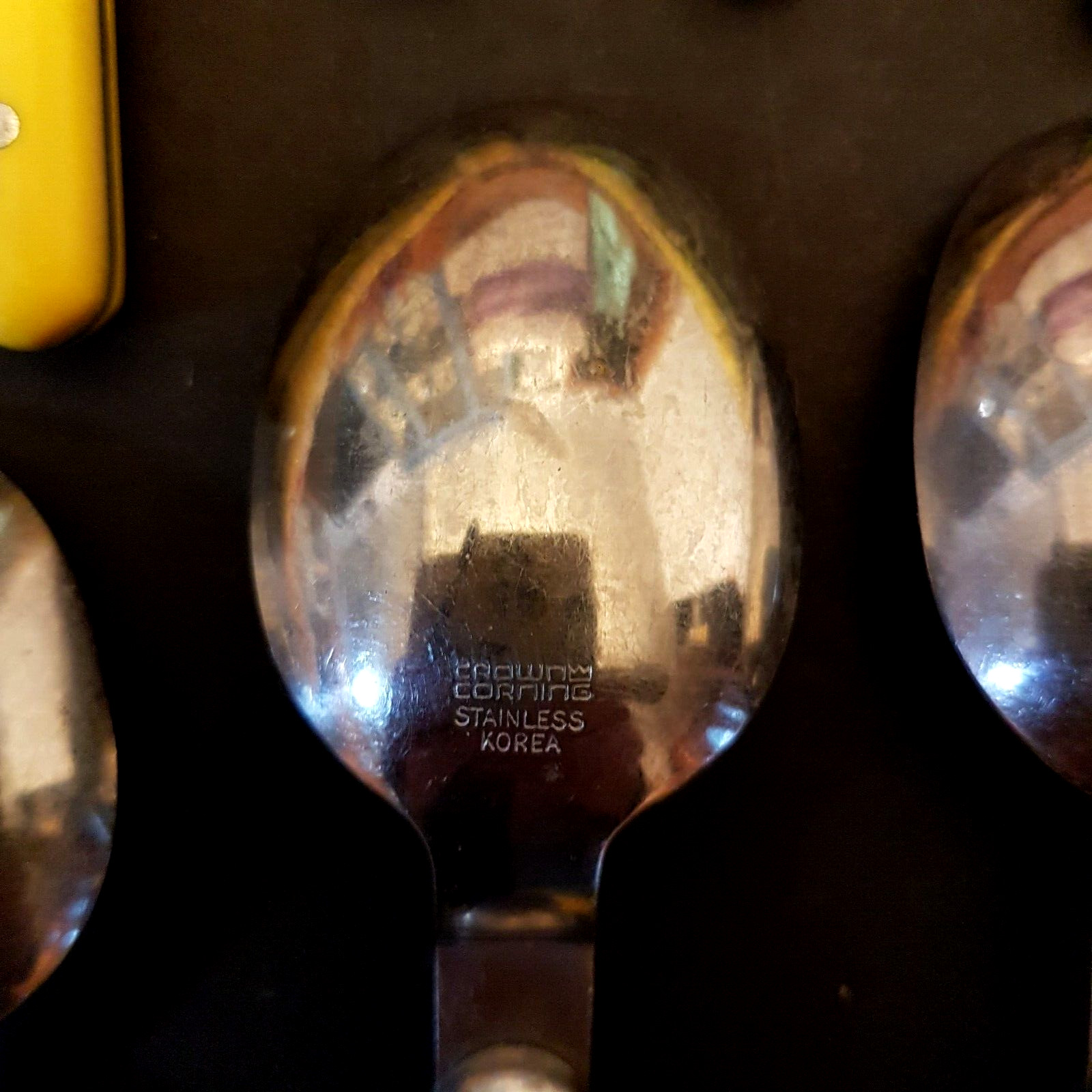 Crown Corning Yellow Riveted Handle Spoon Fork Knife LOT Stainless Flatware