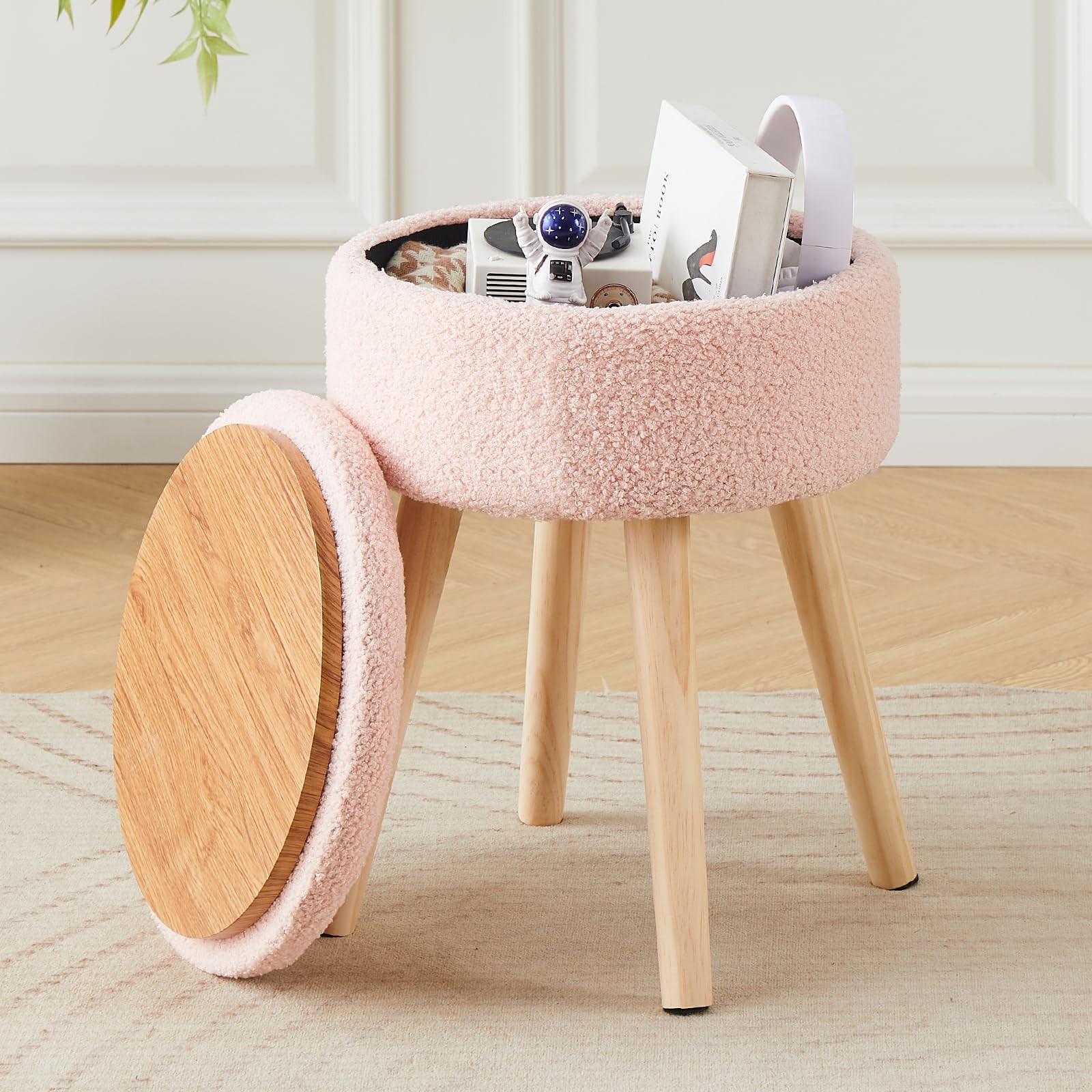 Storage Ottoman Foot Stool Teddy Velvet Round Vanity Stool Tray Top Footstool...