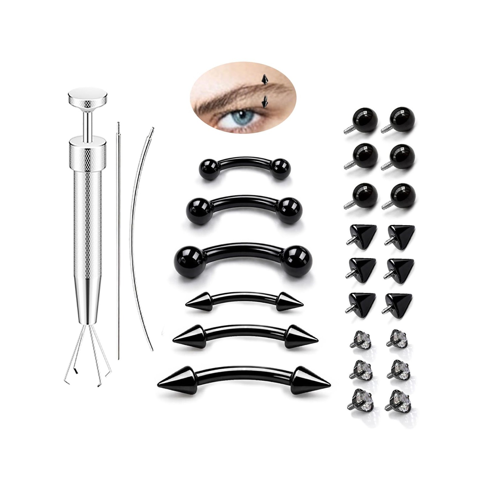 Eyebrow Piercing Jewelry Set with Tools, 18G Black Surgical Steel Curved Barb...