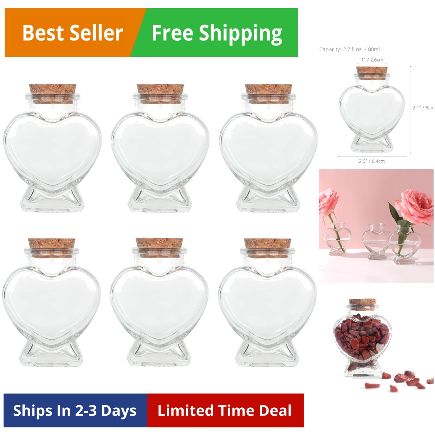 Decorative Glass Bottles with Cork Stoppers 80 ml Heart-Shaped Bottles / 6 Pcs