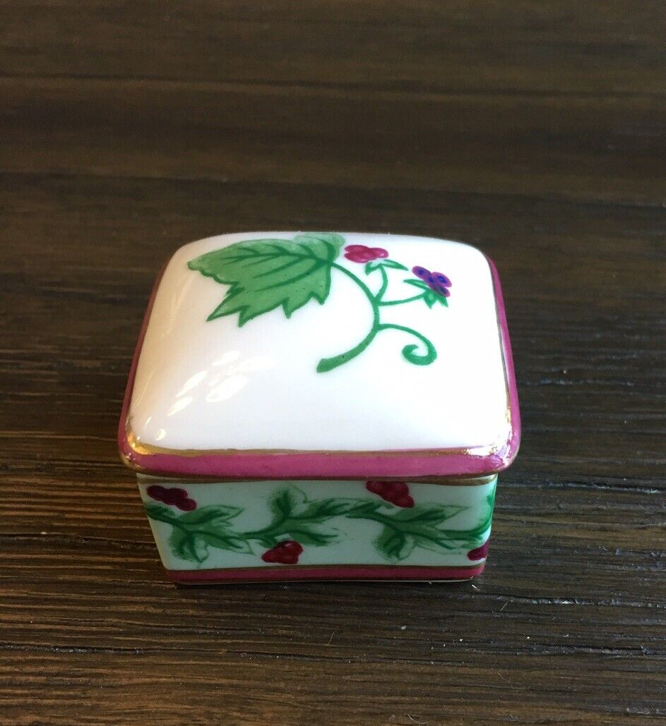 Enesco Square Shaped Trinket Box with Vines And Berries Motif Ceramic
