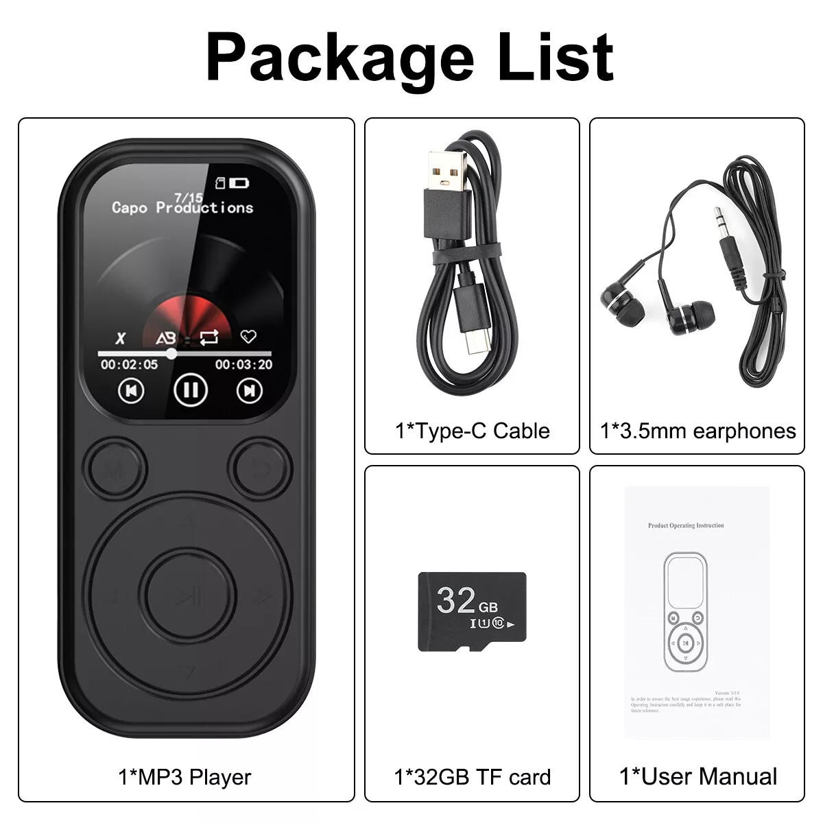 Portable MP3 Player 32GB Bluetooth 5.4 1.8" IPS Screen 12H Battery Fast Charge