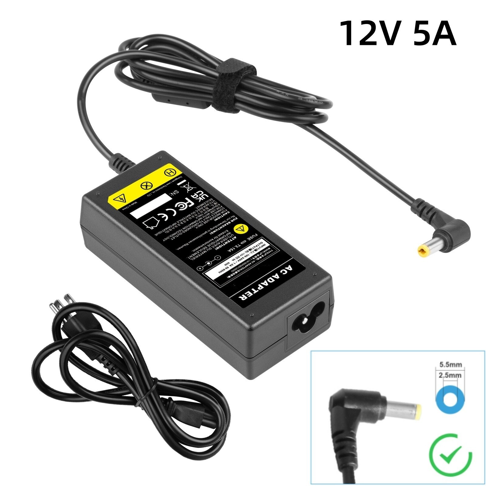 12V 5A AC DC Adapter Power Supply Charger 5.5mm*2.5mm For LED LCD Screen Monitor