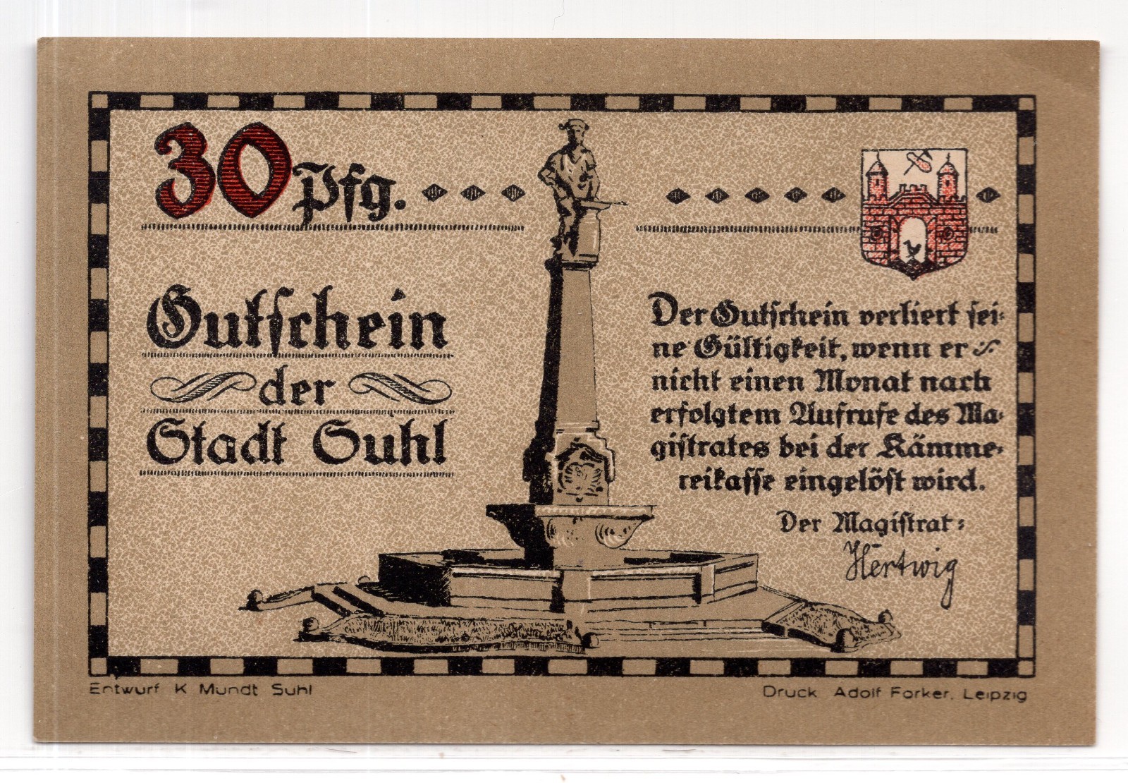 1922 Germany Suhl Notgeld 30 Pfennig Note (3679)
