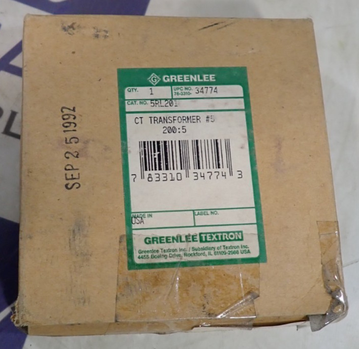 NEW Greenlee 5RL201 200:5A 600V 50-400Hz Class 10KV. Bil Current Transformer