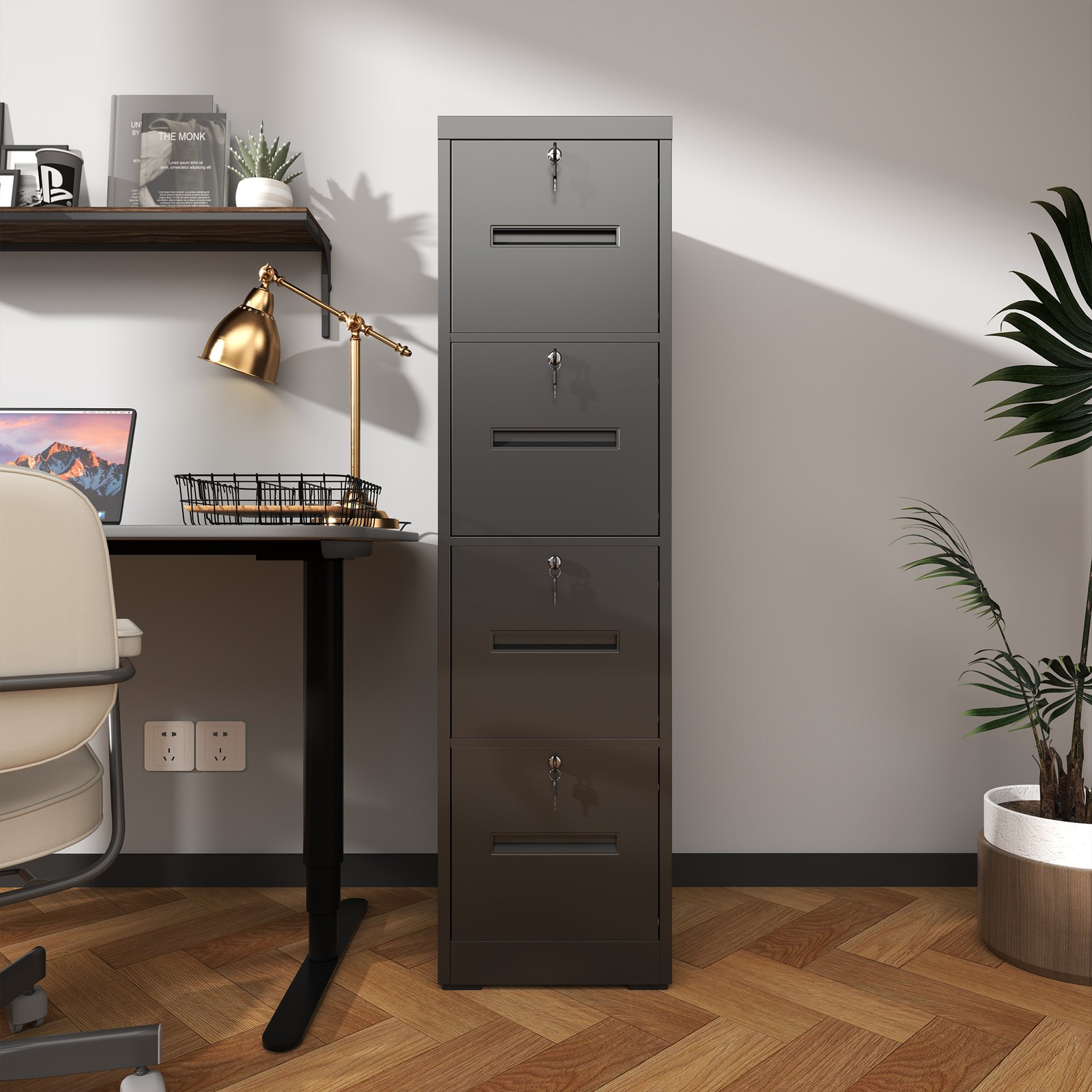 4 Drawer Metal Vertical File Cabinet with Lock Black A4 Legal Size Office