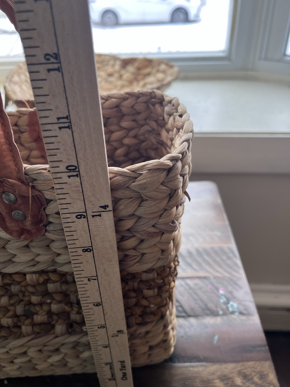 Set of 2 Large Hand Woven Rectangular Wicker Baskets with Leather Handles, Beige
