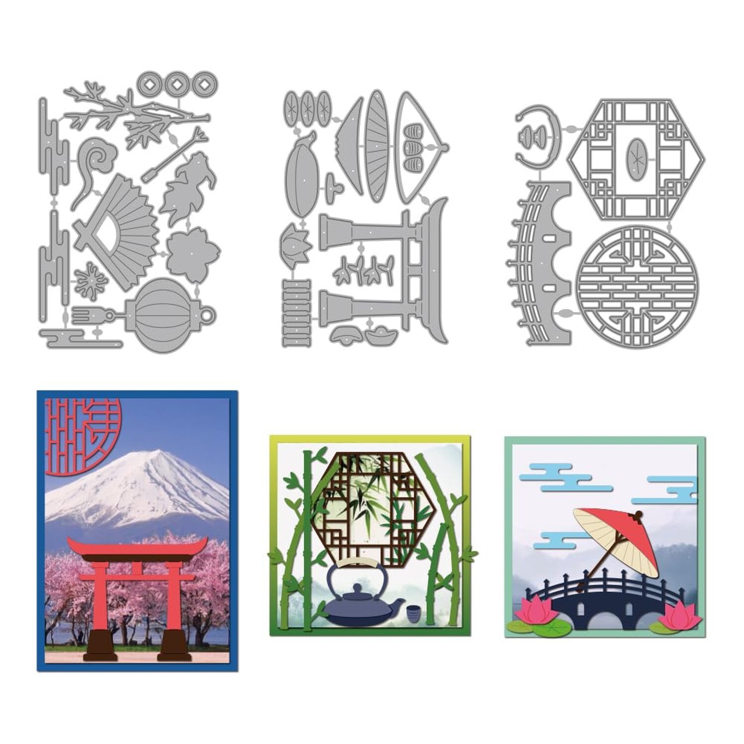 MAYJOYDIY Oriental Buildings Die Cuts for Card Making Bamboo Window Bridge Me...