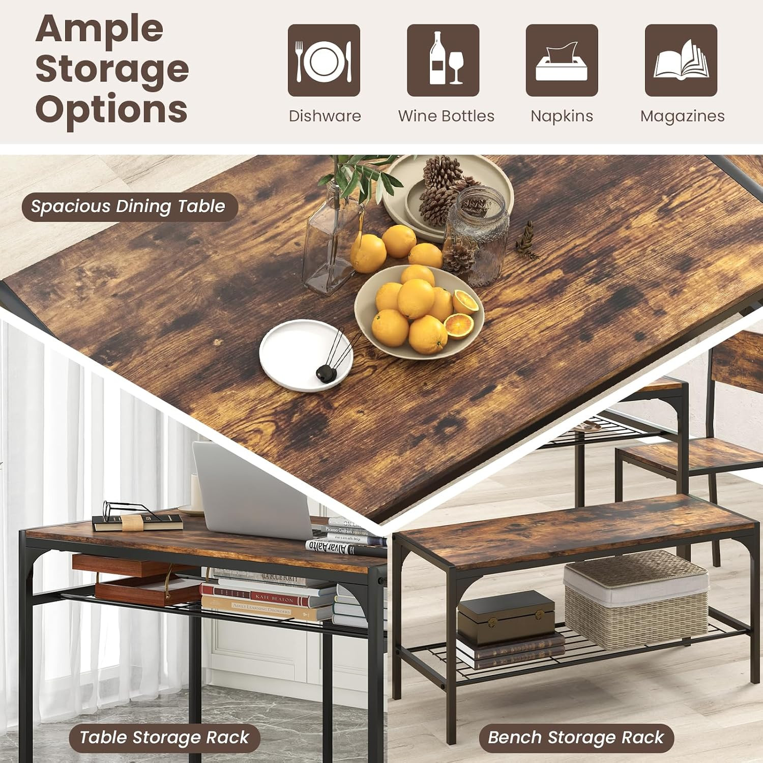Dining Table Set for 4, Kitchen Table with Chairs & Bench, Storage Racks, Metal