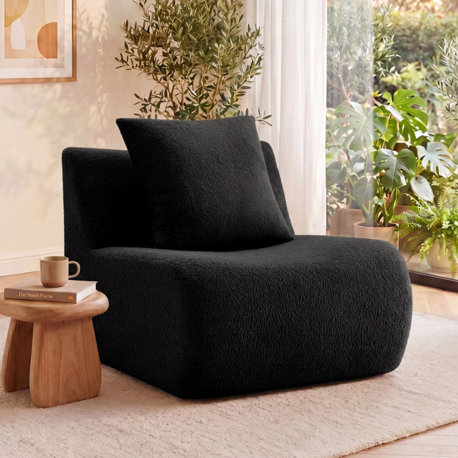 Armless Sofa with Pillow Teddy Fabric Black 32.68" x 40.94"