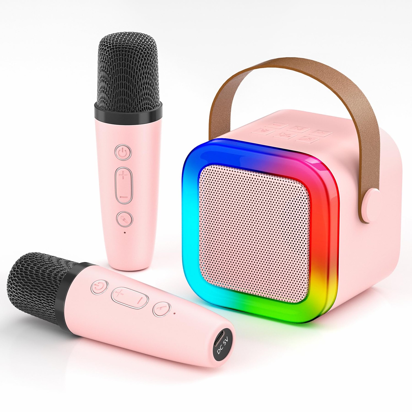 Mini Karaoke Machine for Kids,Portable Bluetooth Speaker with 2 Wireless Pink