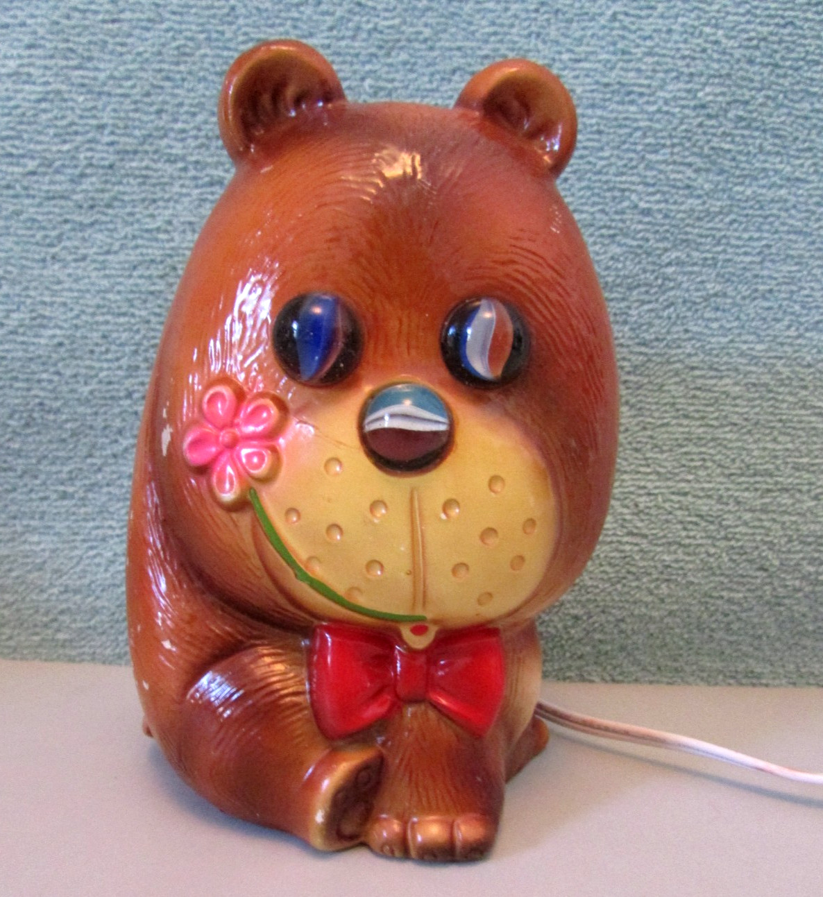 Vtg Bear Night Light Marble Eyes & Nose Novelty Lamp Bow Tie Flower Japan READ!