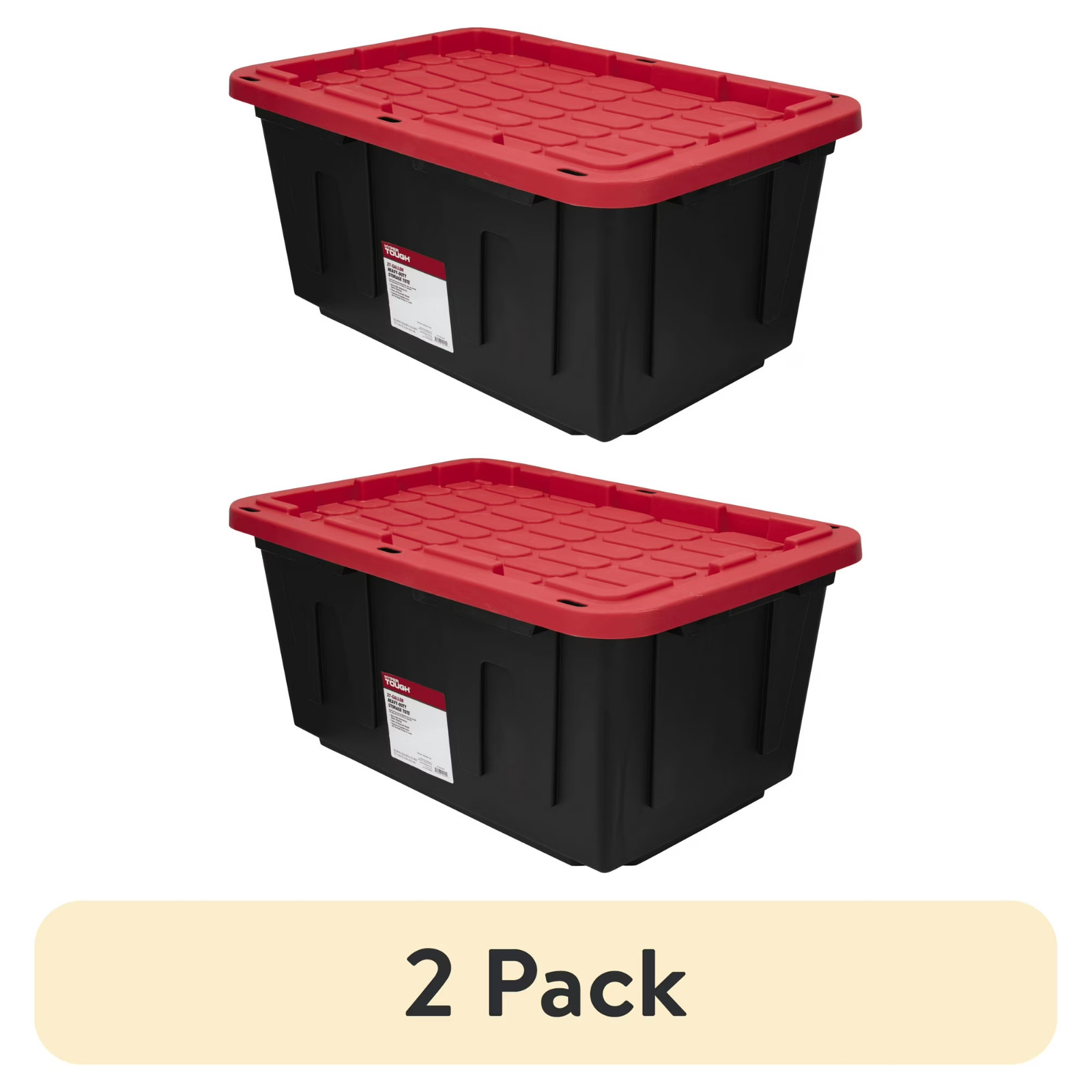 (2 pack) Hyper Tough 27 Gallon Large Storage Bin with Snap Lid, Black and Red, H