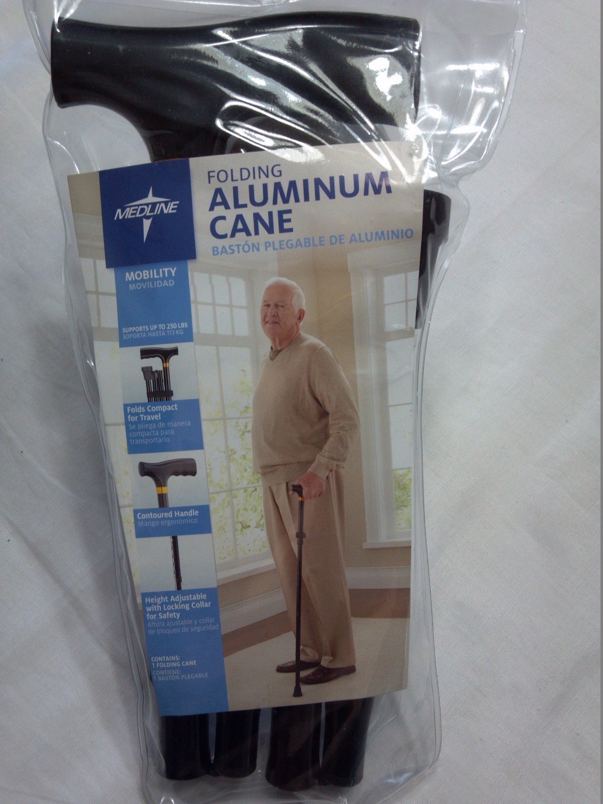 MEDLINE; Compact Folding Aluminum Cane, MDS86430W Adj. Height & Locking Collar