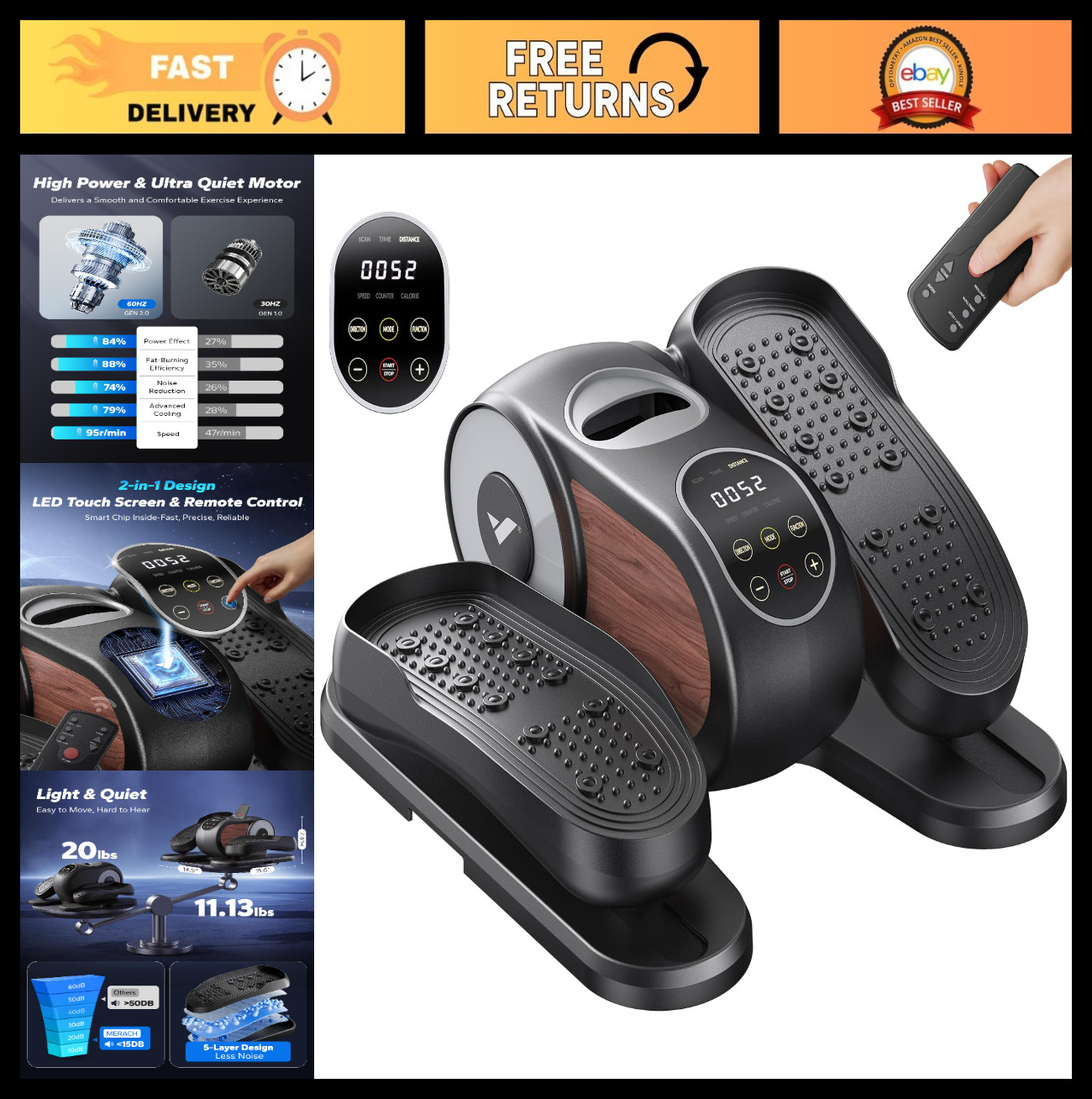 Under Desk Elliptical Machine - Portable Leg Exerciser for Seniors, 12 Speeds, R