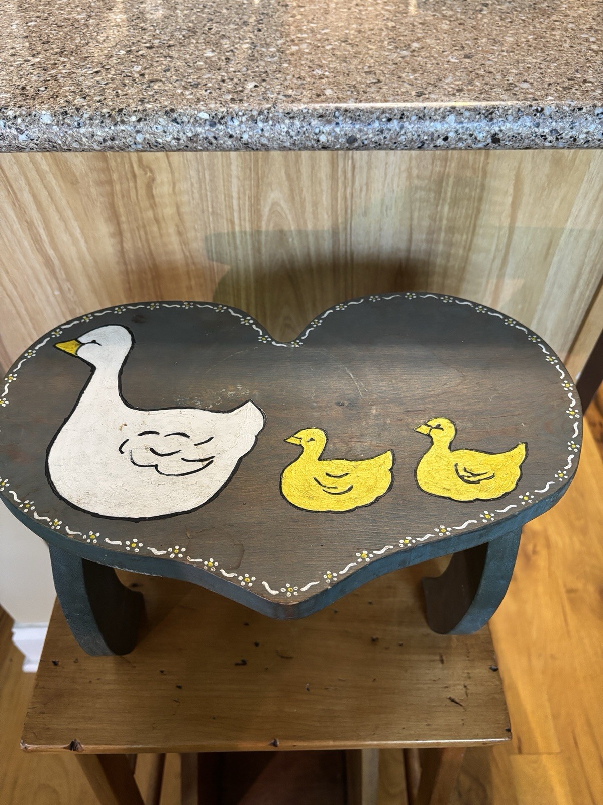 Vintage Wooden Folk Art Goose Stool Hand Painted Country Ducklings Step Bench