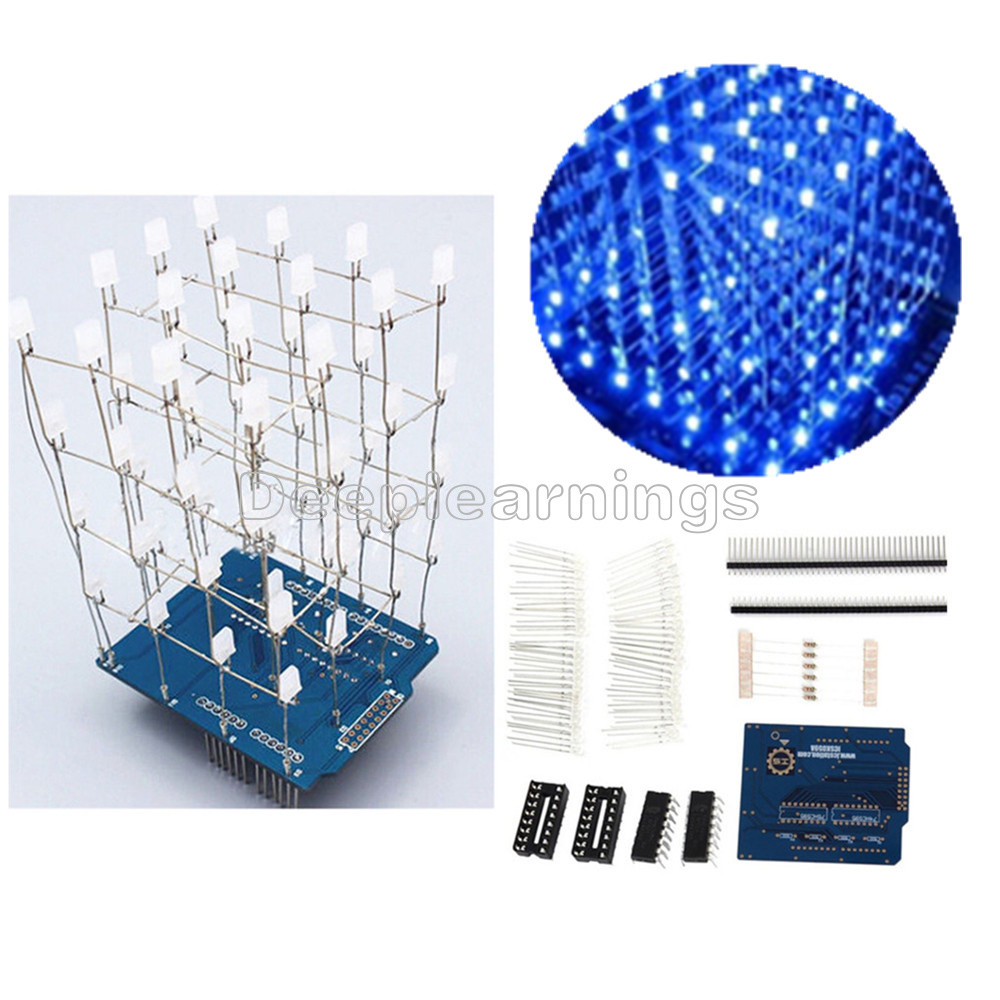 New 4X4X4 3D Light Cube Kit LED Precise DIY Kit Blue for Arduino Shield