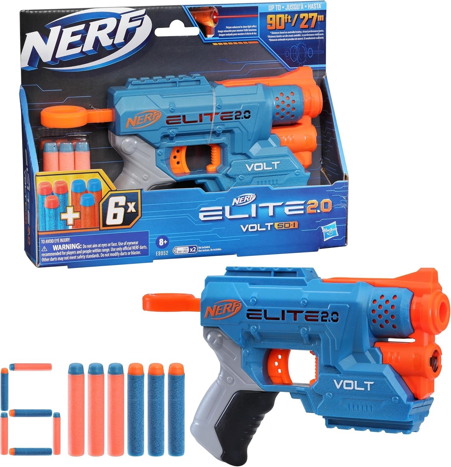 Nerf Elite 2.0 Volt SD-1 Blaster, 6 Official Nerf Darts, 2 Tactical Rails