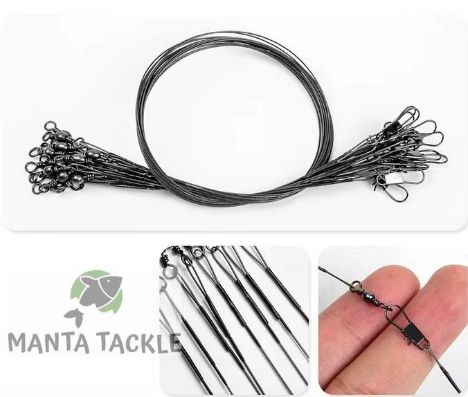 NEW 10 x 7 Strand Wire Traces Pike Zander Predator 15cm Swivel Snap 7kg 15lb