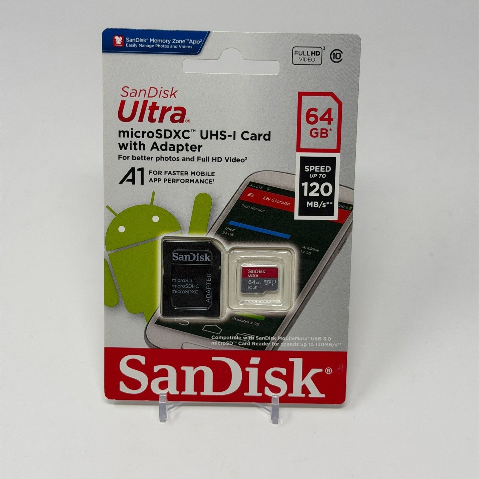 SanDisk Ultra 64GB UHS-I Class 10 MicroSD Card With Adapter 120MB/s Speed