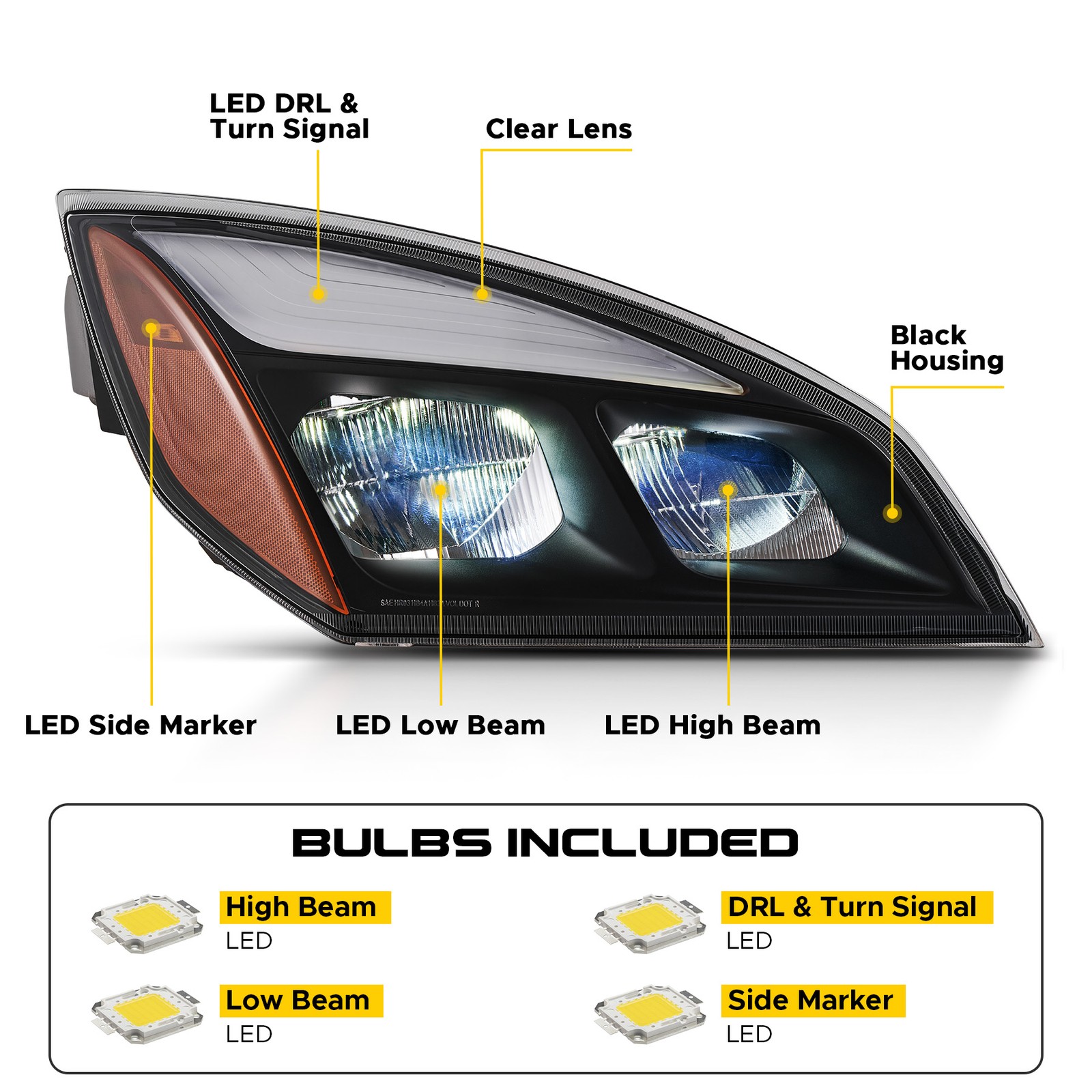 Full LED RH Headlight Replacement for 2018-2025 Freightliner Cascadia w Bulbs