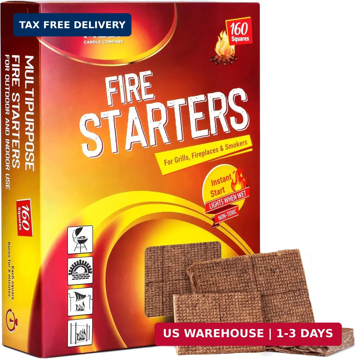 Fire Starter Squares, 160 Count, Campfire, Charcoal Grill & Wood Stove | Water-r