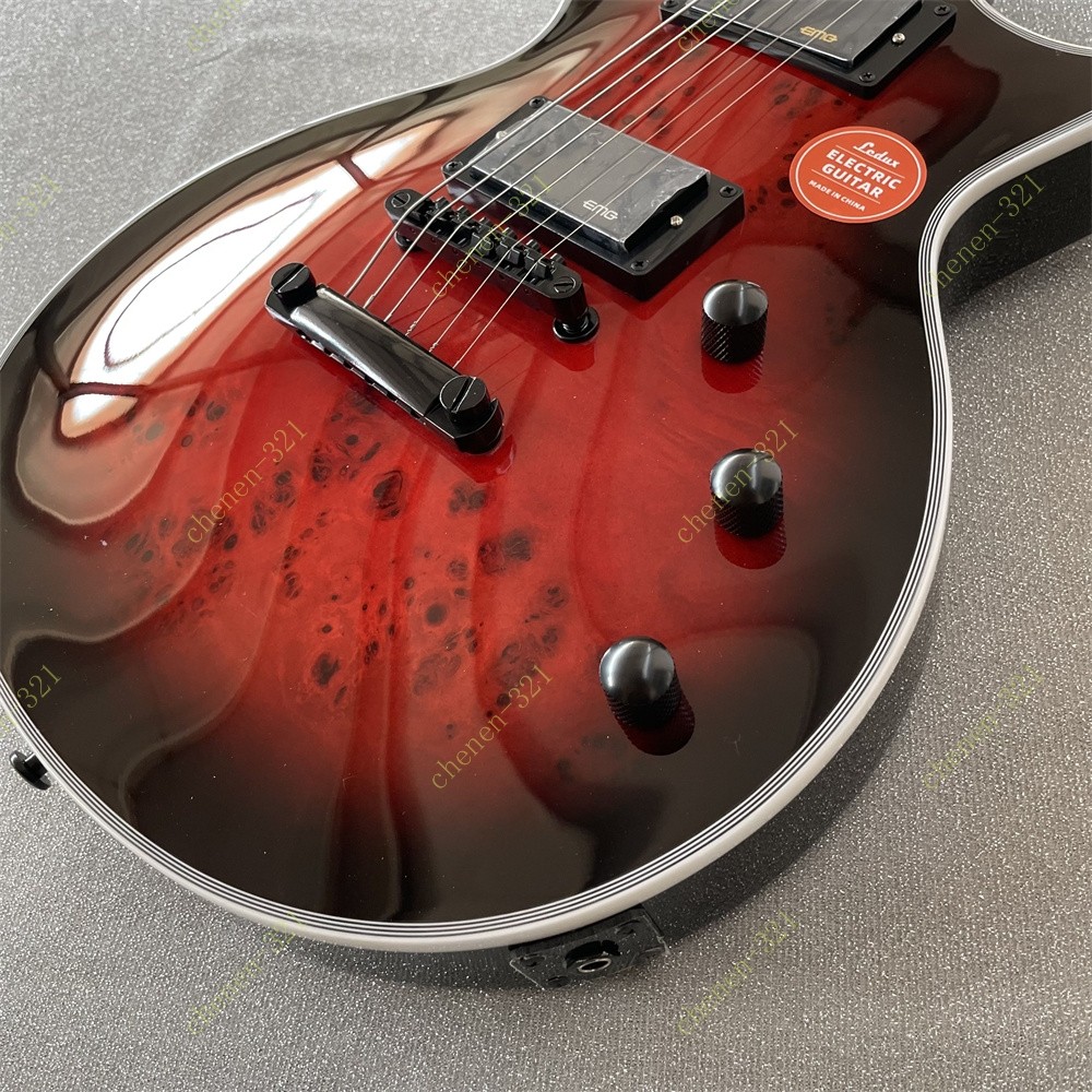 Solid Electric Guitar Stainless Fret Active Pickup Burl Maple Top Veneer Red