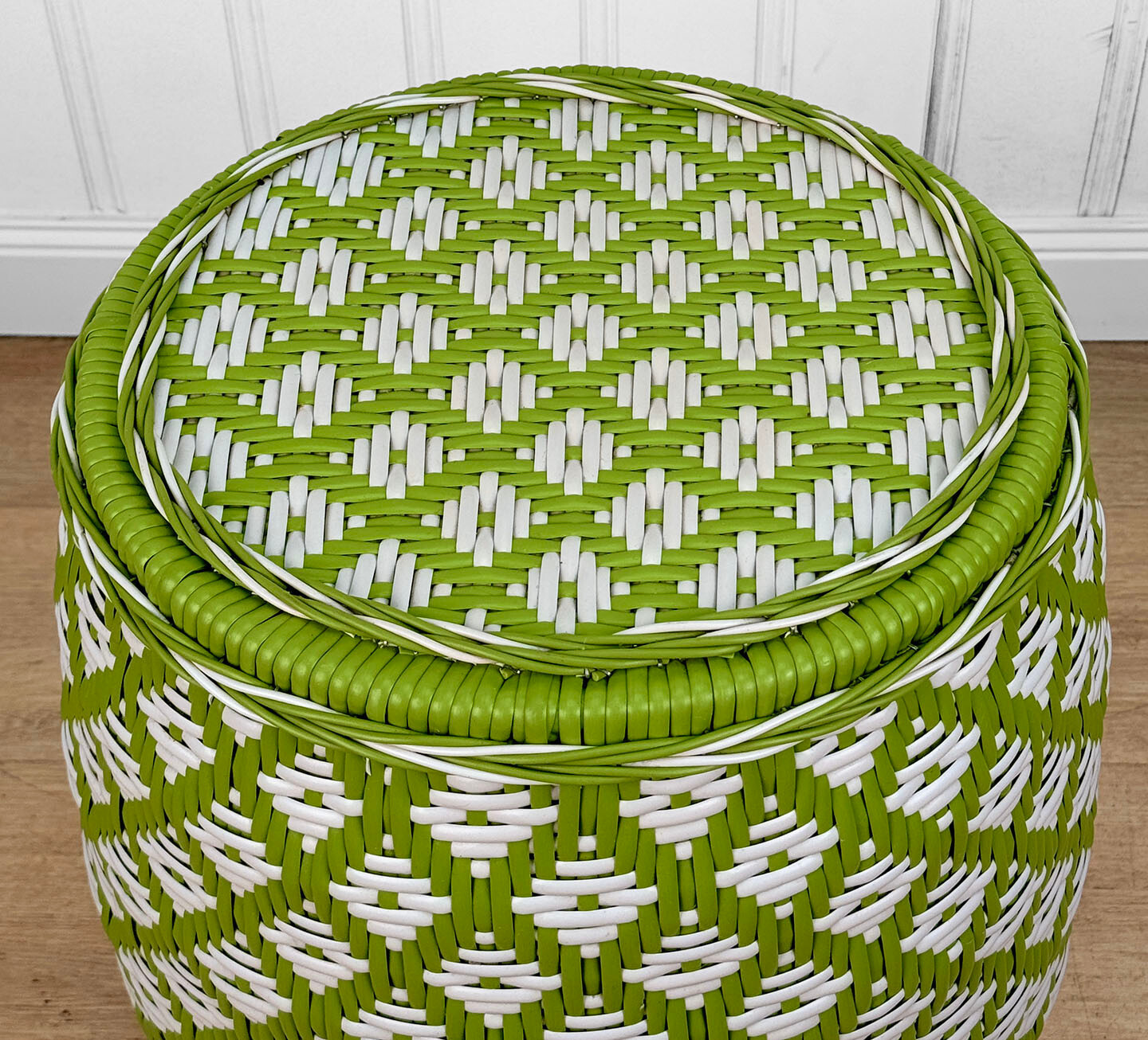 Vintage Boho Avocado Green & White Argyle Faux Wicker Garden Stool