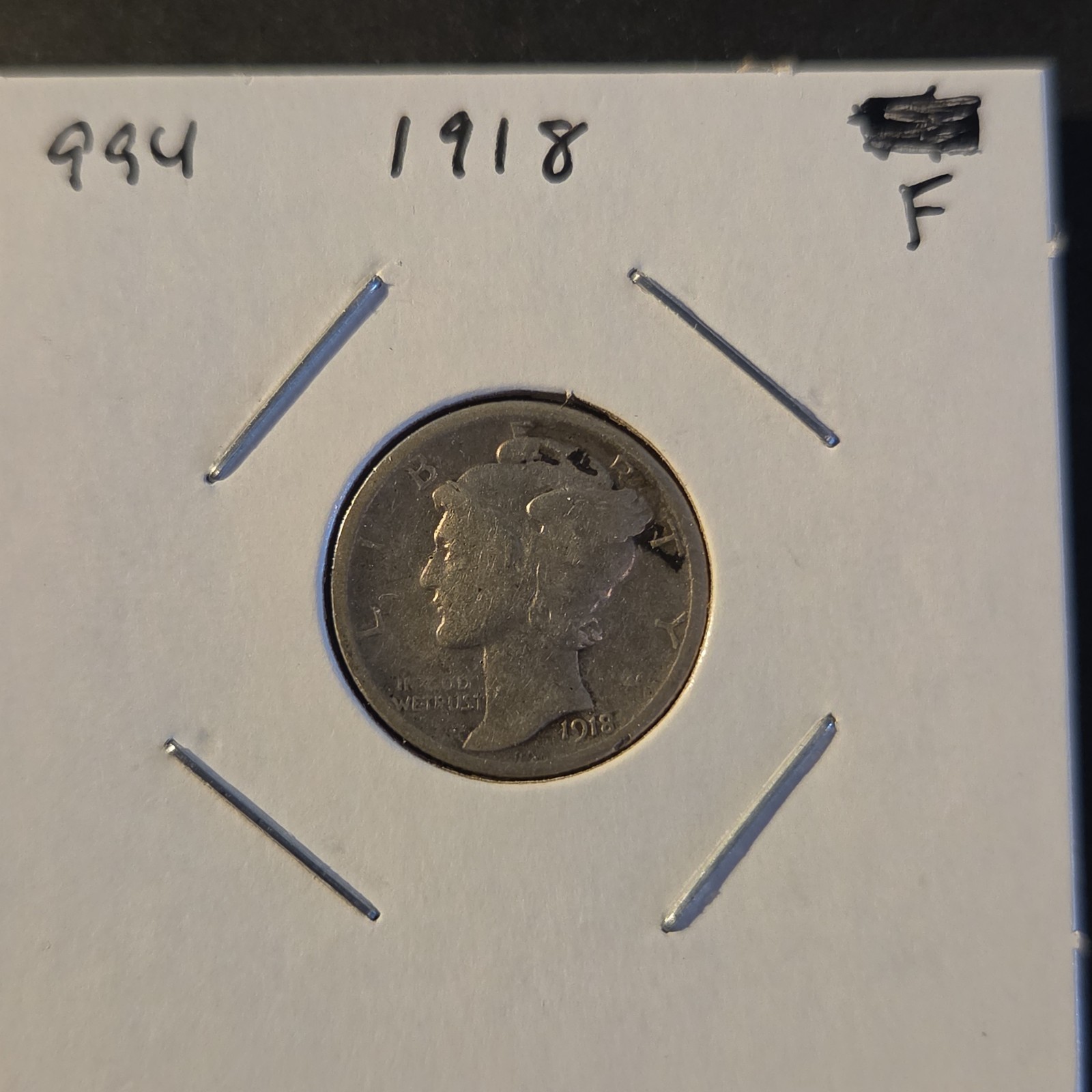 1918 Winged Liberty Mercury Dime 90% Silver US Mint In Fine Condition