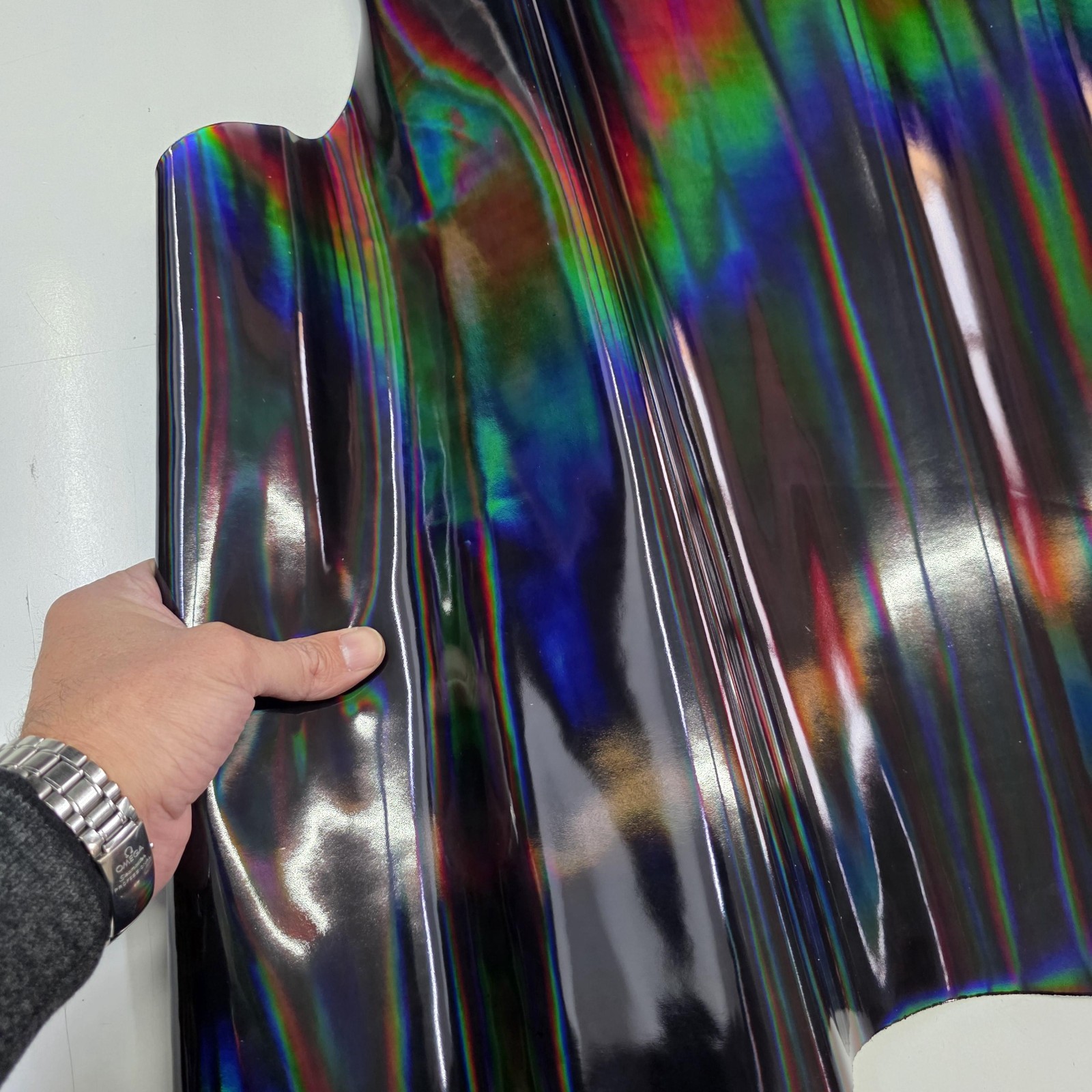 Color Black Iridescent Cow Patent Leather: Holographic Rainbow Glossy Metallic
