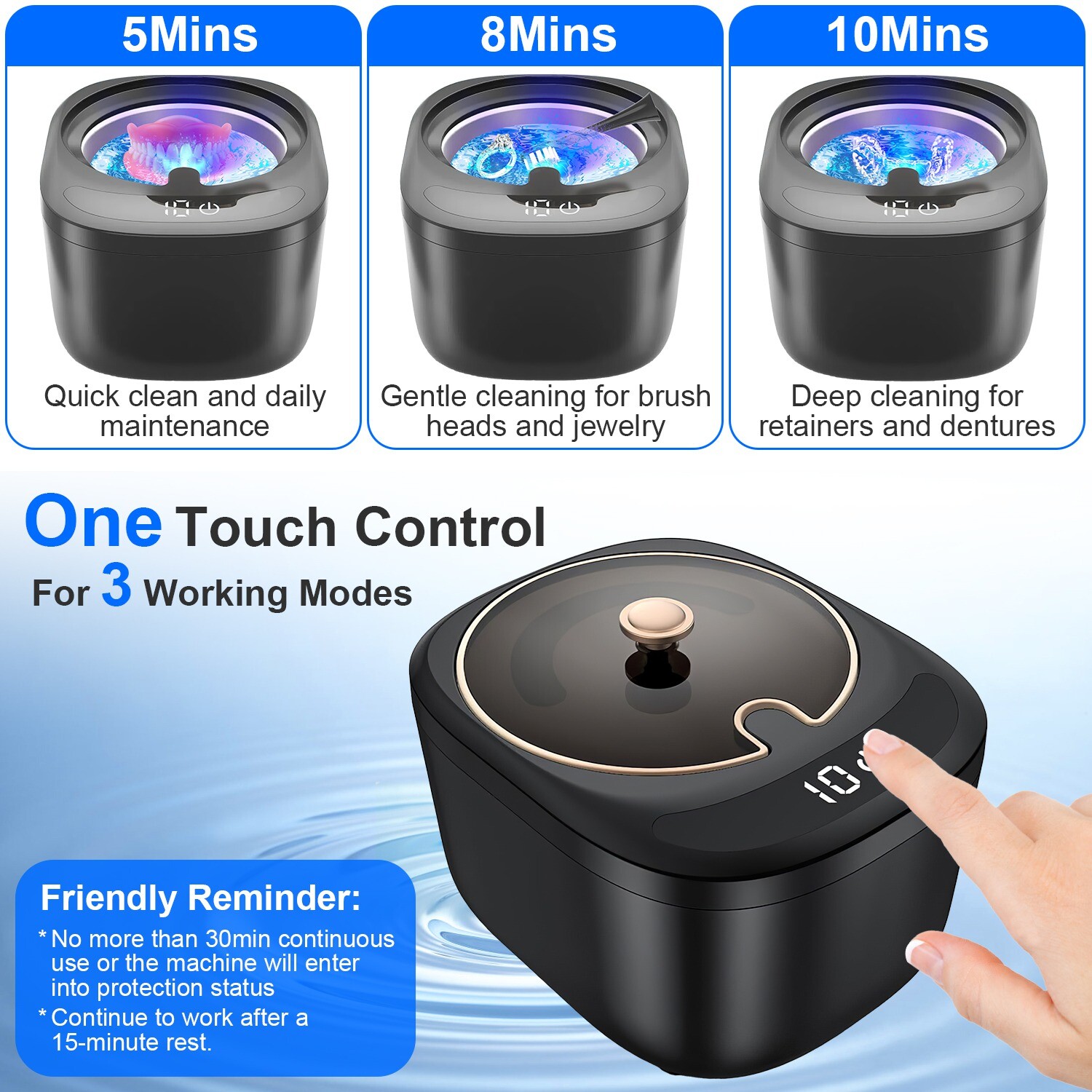 45kHz Machine, 230ML Denture Cleaner, 4 Modes