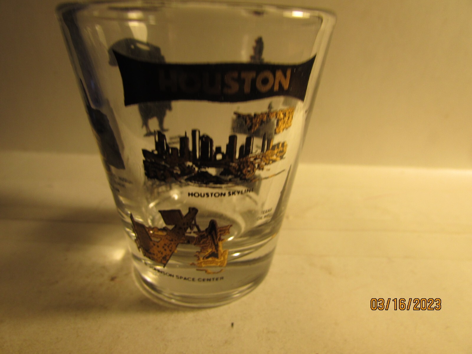 VINTAGE Houston, Texas-scenes in blk/ gold on clear-standard shotglass- nice
