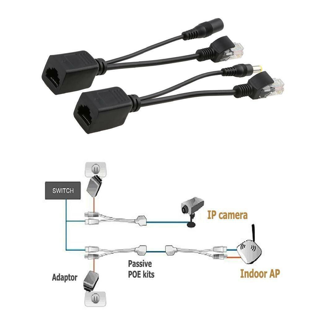 2 Pair - IP Camera Power Over Ethernet Passive PoE Injector Splitter Cable RJ45
