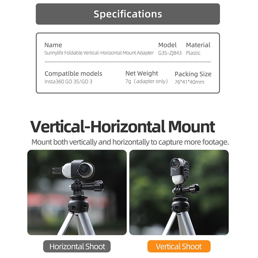 Plastic Foldable Vertical-Horizontal Mount Adapter for Insta360 GO 3S/GO 3