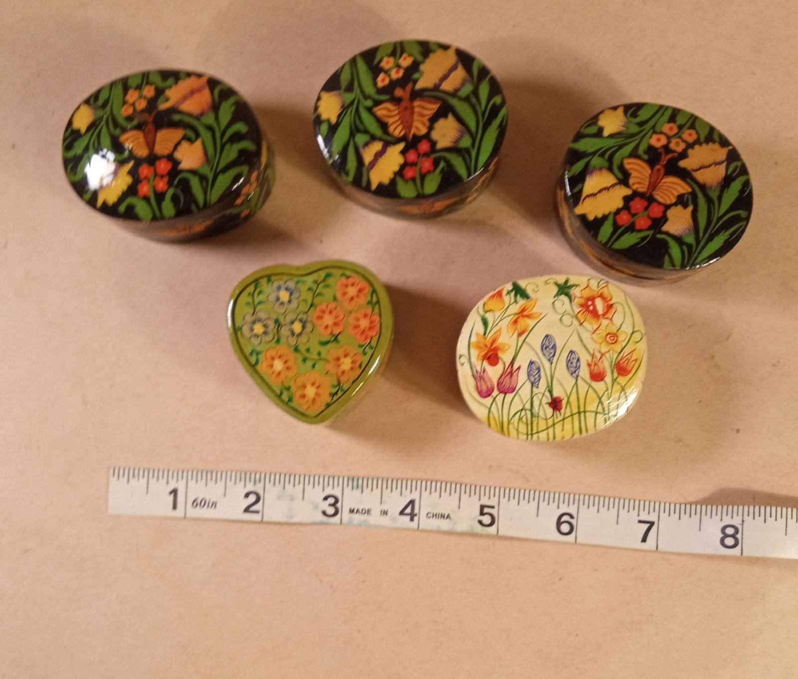 Small Trinket Boxes. Set Of 5. Paper Machete. 2" Average. Glazed