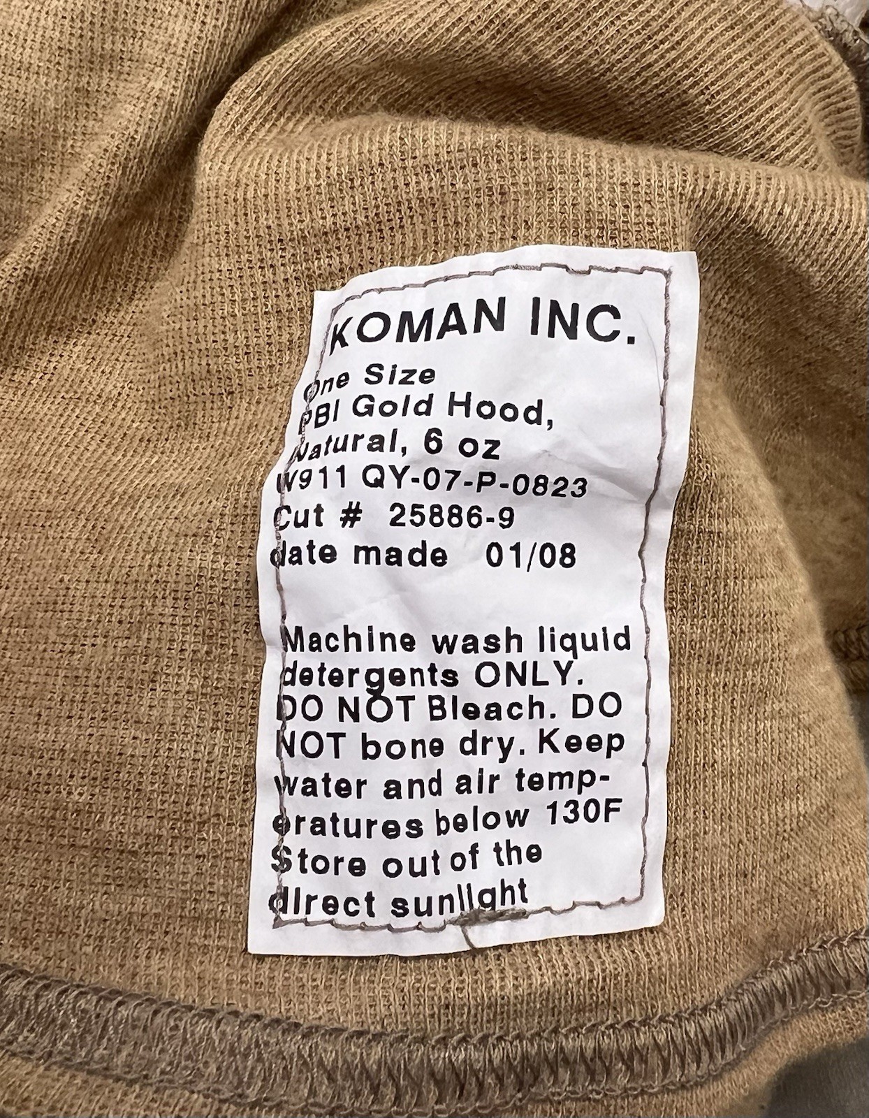 Koman Inc PBI Gold Anti Flash Hood Flame Resistant Balaclava One Size NEW