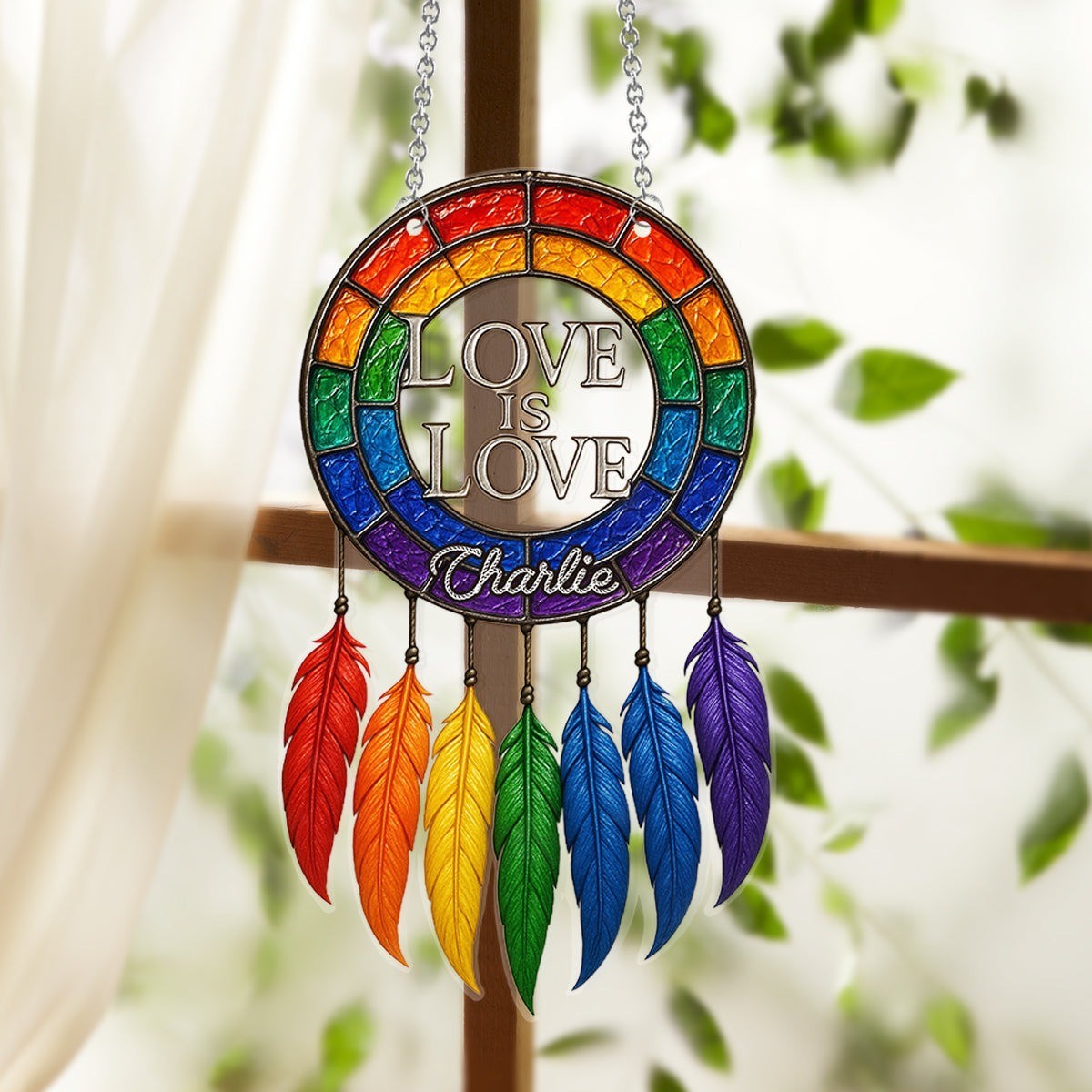 Personalized LGBT Love Is Love Acrylic Suncatcher Faux Stained Glass Suncatcher
