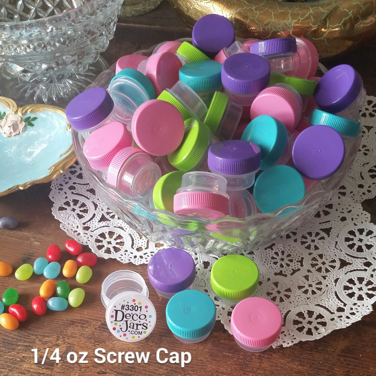 50 Clear JARS aqua lime pink purple Caps Makeup Sample container 3301 1tsp DECO